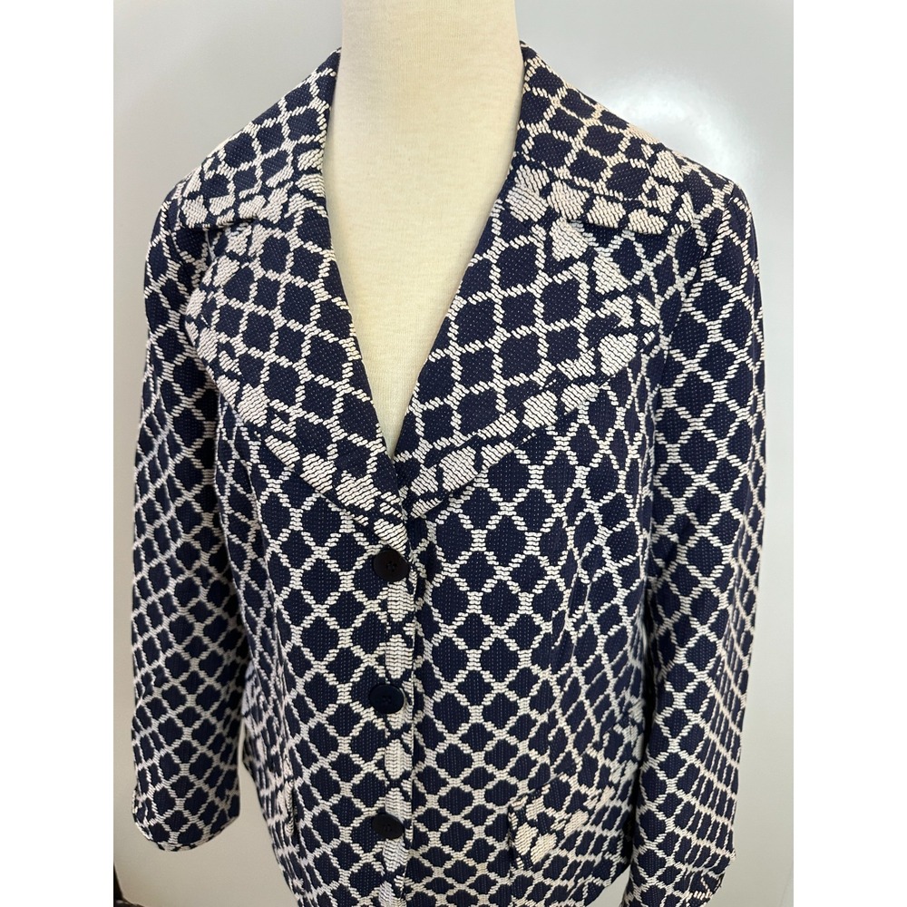 Talbots Diamond Lattice Cotton Blazer Jacket Plus Size 14W Navy White Office - Picture 5 of 13